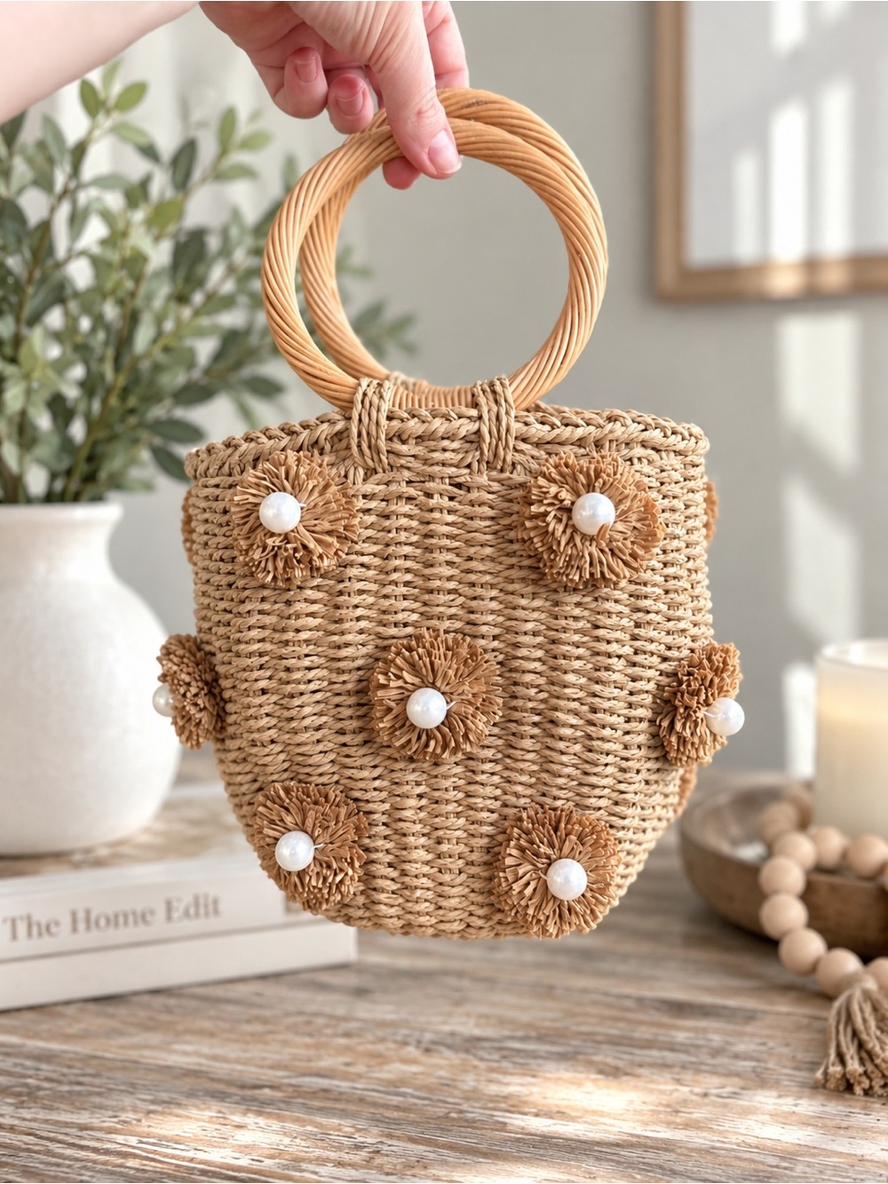 Woven Raffia Floral Pearl Handbag